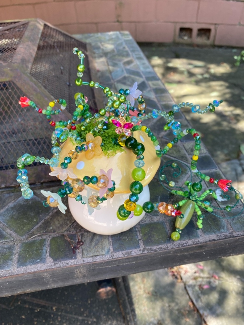 Beaded Green Floral Forever Plant in Yellow Mushroom Pot